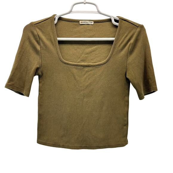 Marine Layer Lexi Ribbed Square Neck Short Sleeve Top Tan Green XS - Picture 1 of 8